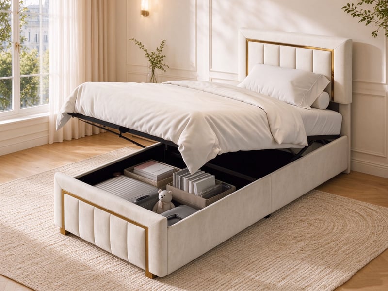  Lit coffre 90x200 avec sommier, lit simple rembourré avec grand espace de rangement hydraulique pour chambre enfants, velours beige  - Conforama B