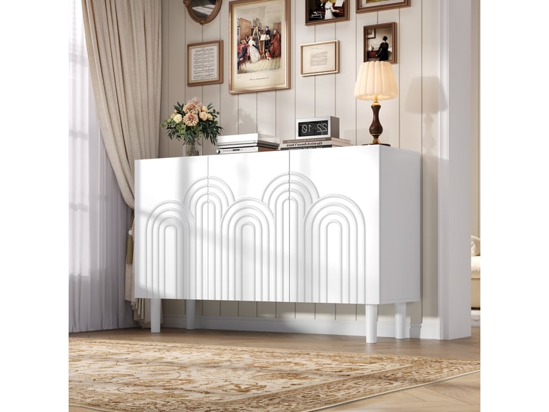 Buffet bas 120 x 38,5 x 79 cm, buffet de rangement, buffet de cuisine, 3 portes battantes, motifs imprimés, mdf, blanc  - Conforama W