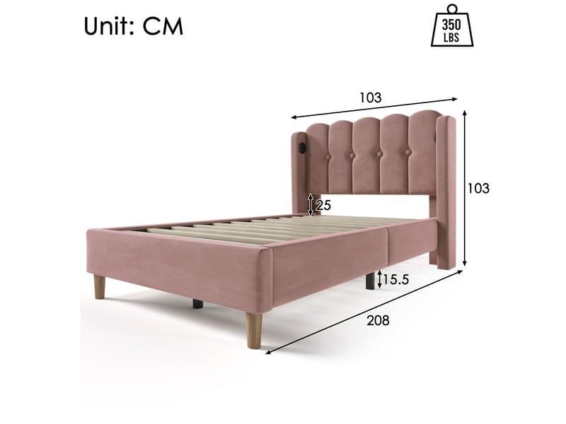  Lit enfant simple 90x200 cm, tête de lit wingback panneau design, ports usb + type-c inclus, velours rose sans matelas  - Conforama C