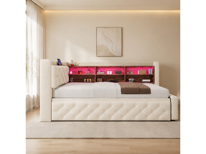  Lit simple 90x190 cm convertible avec rangement en velours beige  - Conforama C