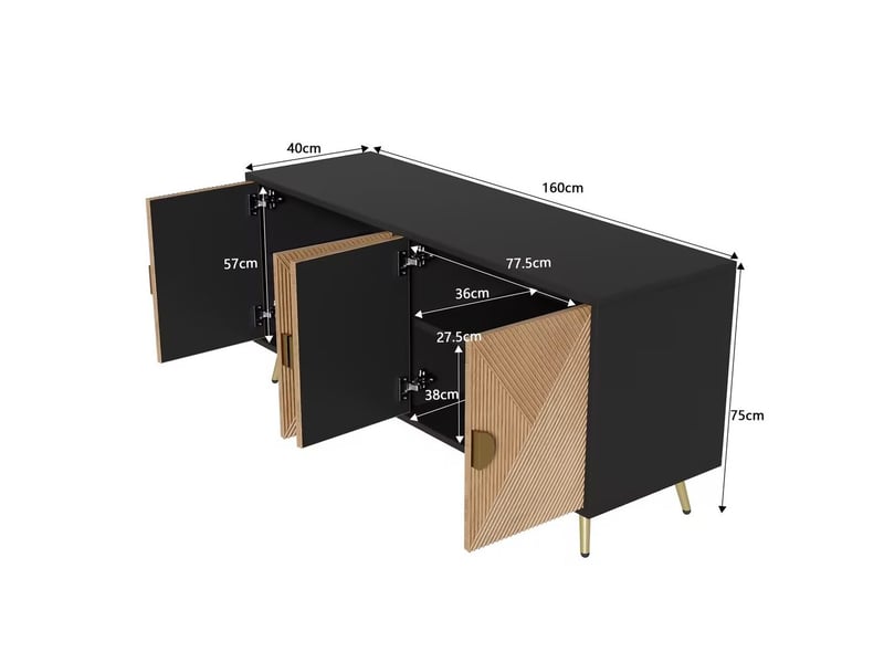  Buffet 160 x 40 x 75 cm noir et bois, 4 portes, poignées dorées brossées pour salon  - Conforama C