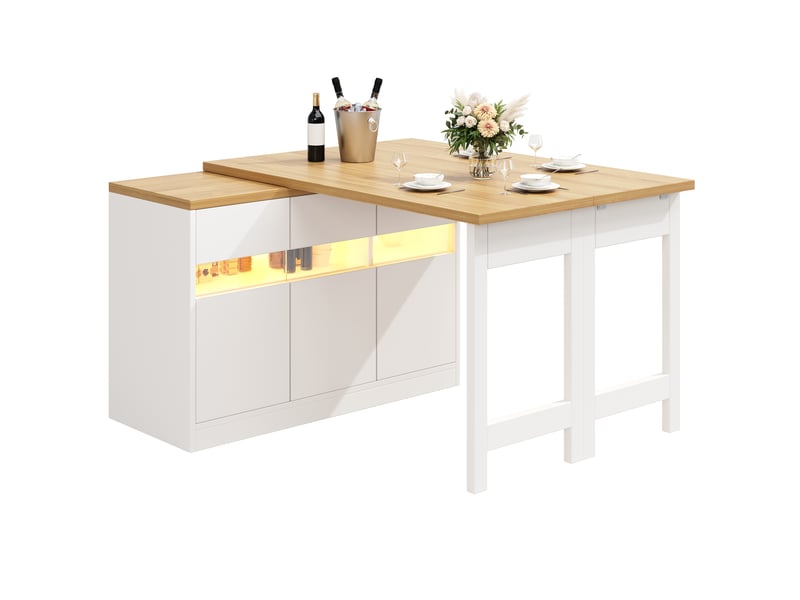 Îlot de cuisine extensible 120-180 cm led, pivotante 360°, avec rangements, mdf, blancnaturel  - Conforama A
