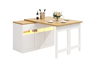 Îlot de cuisine extensible 120-180 cm led, pivotante 360°, avec rangements, mdf, blancnaturel