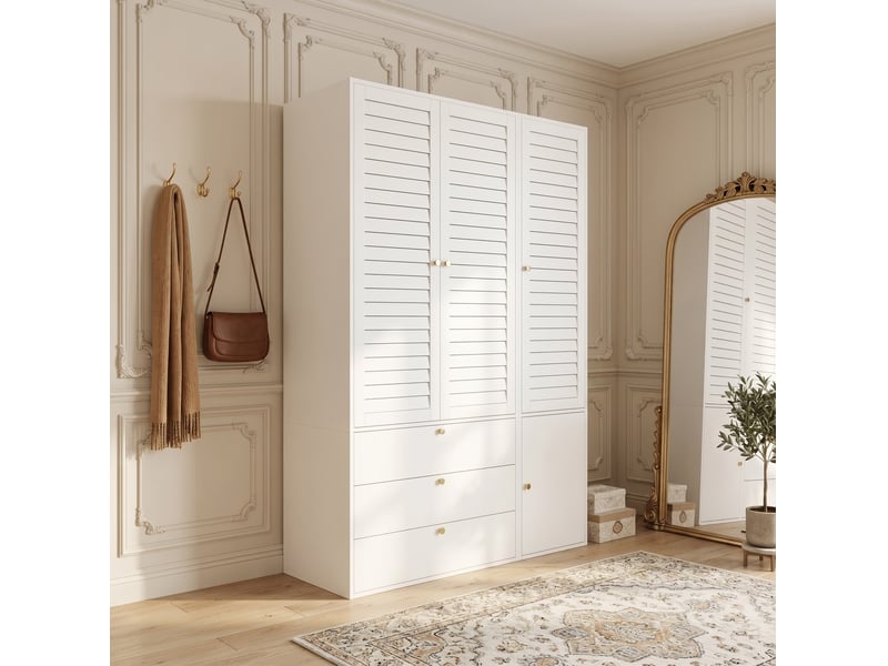 Armoire penderie 3 portes à persiennes, 2 tringles et 3 tiroirs 135x50x200 cm blanc - Conforama B