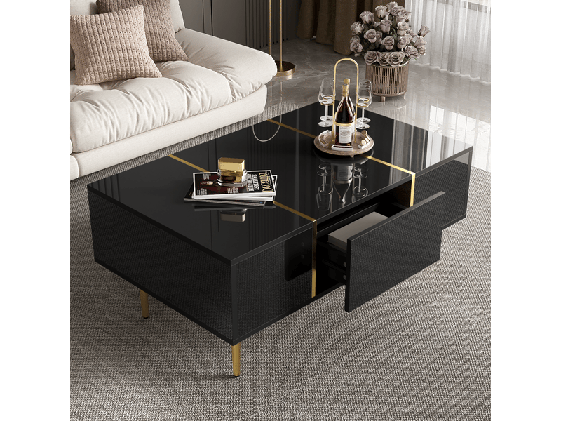  Table basse 100x60x41,5 cm avec 2 tiroirs, noir et doré  - Conforama W