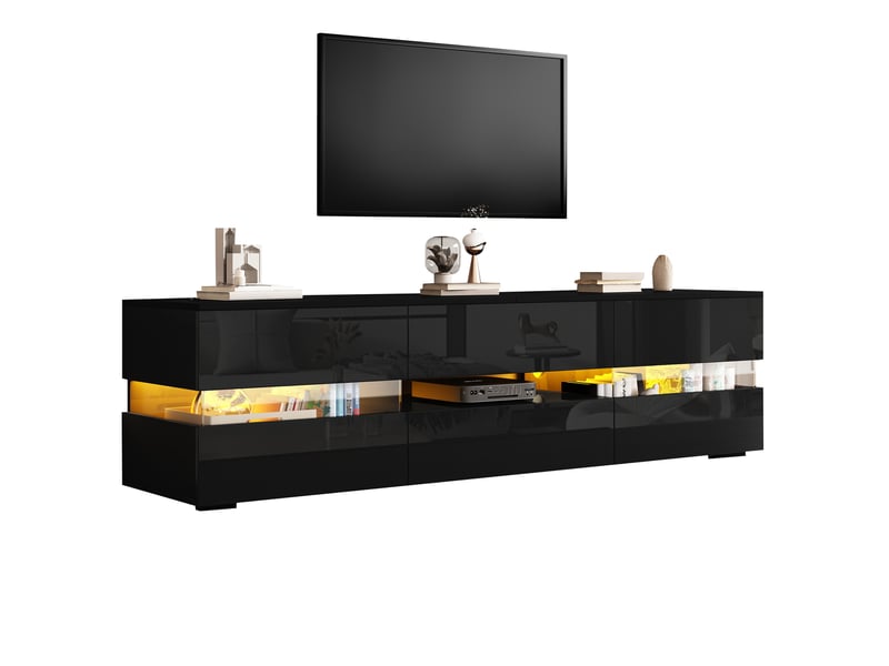  Meuble tv moderne brillant 160x39x45 cm avec éclairage led, 1 tiroir, 2 portes, compartiment ouvert avec insert en verre acrylique  - Conforama E