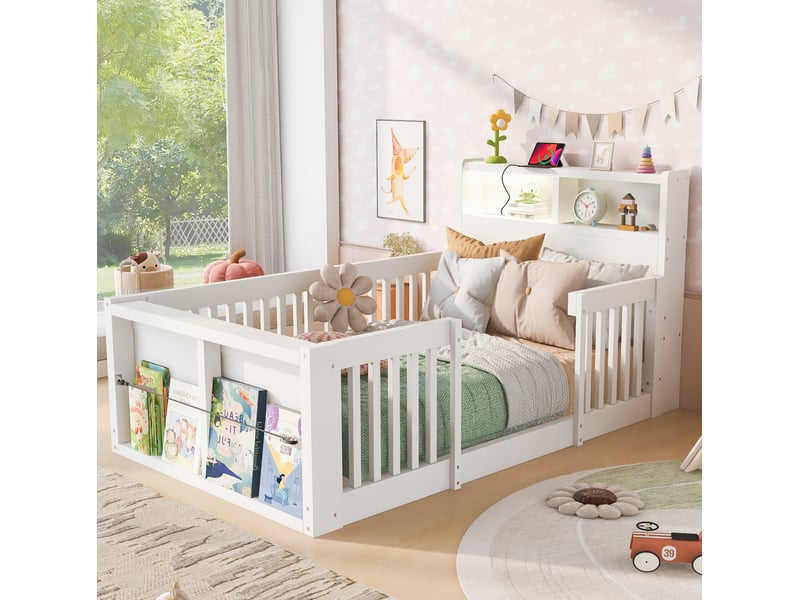 Lit enfant multifonction 90 x 190 cm blanc avec barrières hautes, prise usb, veilleuse et rangement - Conforama B