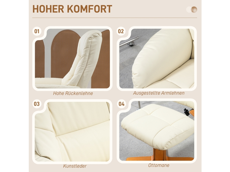  Fauteuil relax à bascule avec repose-pieds et dossier inclinable à 135°, en bois et similicuir blanc crème  - Conforama E
