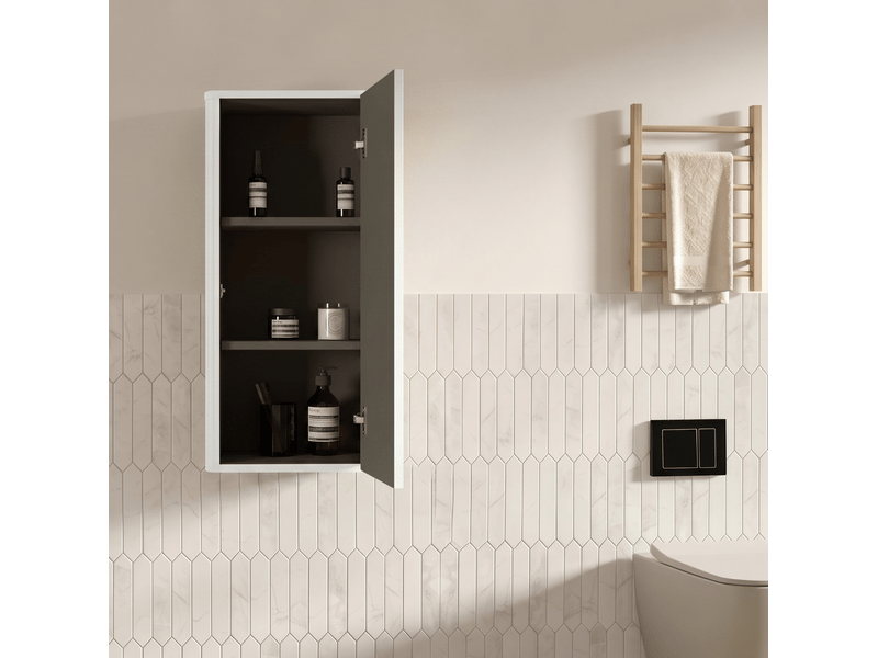 Armoire murale de salle de bain à porte sans poignée avec étagères intérieures, design rainuré blanc, en mdf  - Conforama D