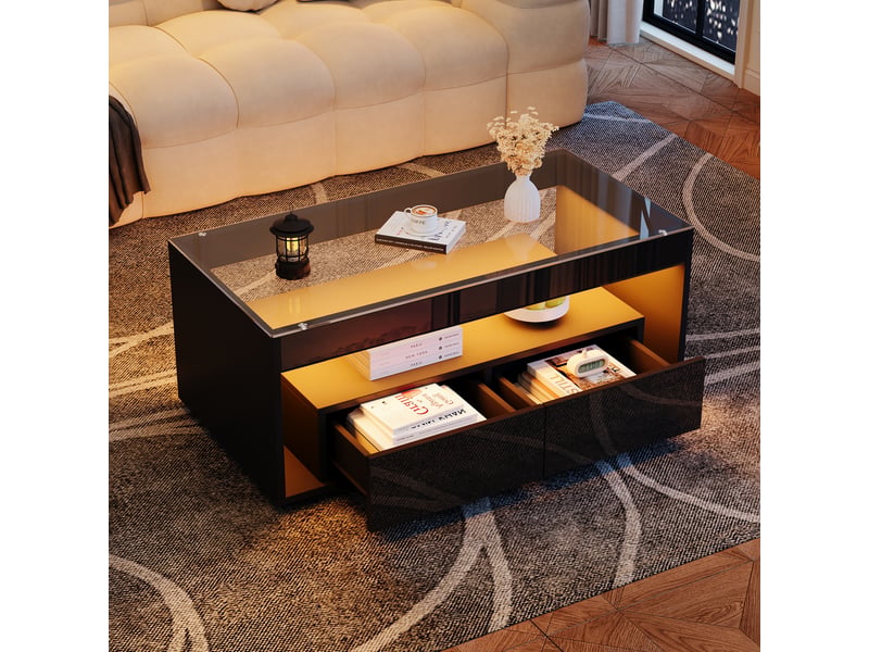  Table basse noire avec led 100x50x40 cm, table de salon avec 2 tiroirs et plateau en verre trempé  - Conforama C