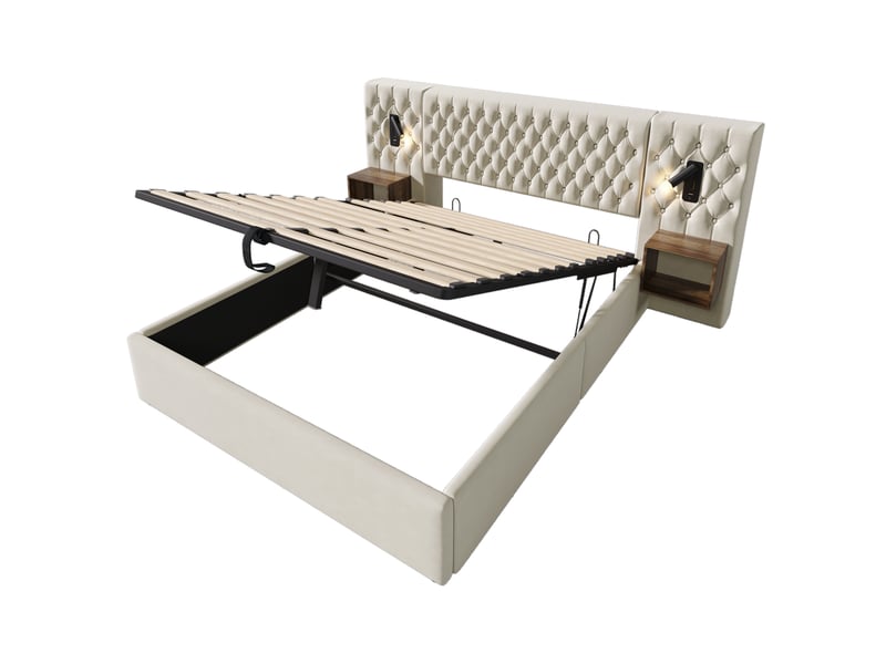  Lit coffre double 180x200 cm en velours beige avec 2 tables de chevet, lampes de lecture, usb et type-c, sans matelas  - Conforama E