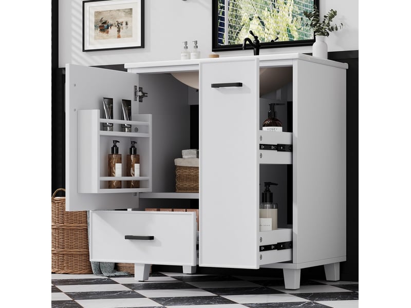  Meuble sous vasque sur pieds avec 1 porte, 2 tiroirs et vasque en céramique pour salle de bain blanc 76,5 × 47 × 82 cm  - Conforama B