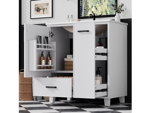 Meuble sous vasque sur pieds avec 1 porte, 2 tiroirs et vasque en céramique pour salle de bain blanc 76,5 × 47 × 82 cm