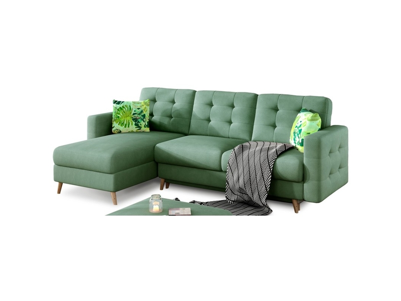  Canapé d'angle convertible hasgard 3 places vert 248x162 cm – coffre et pieds bois  - Conforama D