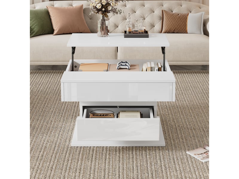  Table basse carrée 70x70 cm avec plateau relevable, finition blanche brillante, table de salon pivotante à 360 degrés  - Conforama R