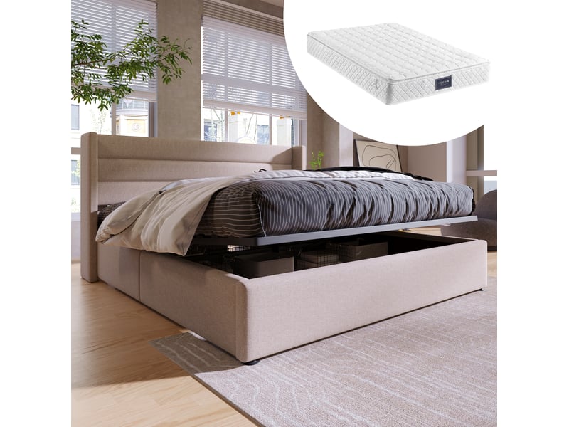 Lit coffre rembourré 160 × 200 cm 2 places avec matelas, rangement hydraulique et tête de lit en lin beige - Conforama B