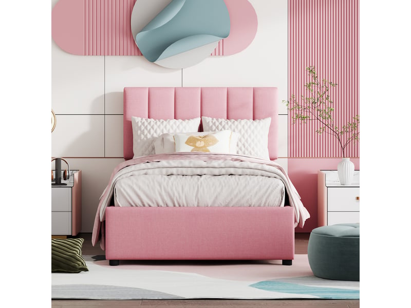  Lit coffre 90x200 cm - lit enfant avec coffre intégré -  en lin - sans matelas - rose  - Conforama B