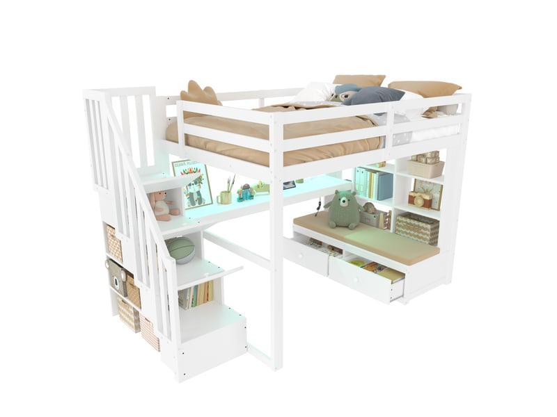  Lit mezzanine 140x200 cm avec bureau, étagères, tiroirs et escalier de rangement en mdf et bois blanc sans matelas  - Conforama A