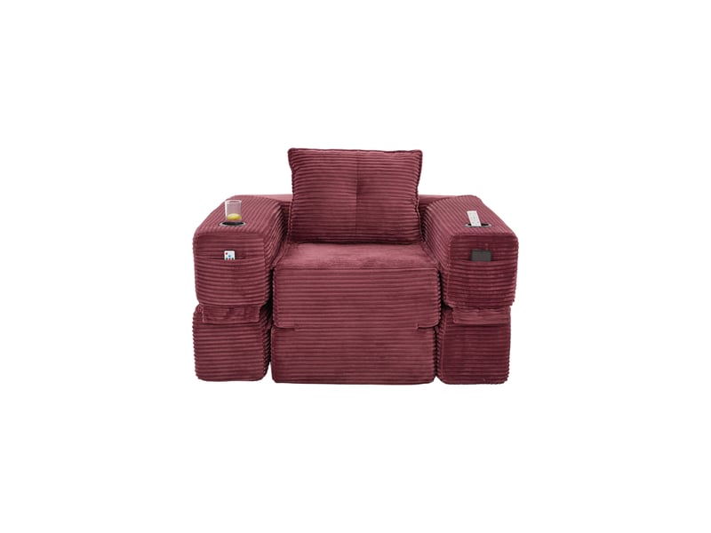  Canapé convertible 2 places en velours côtelé bordeaux avec tiroir de rangement et porte-gobelet  - Conforama A