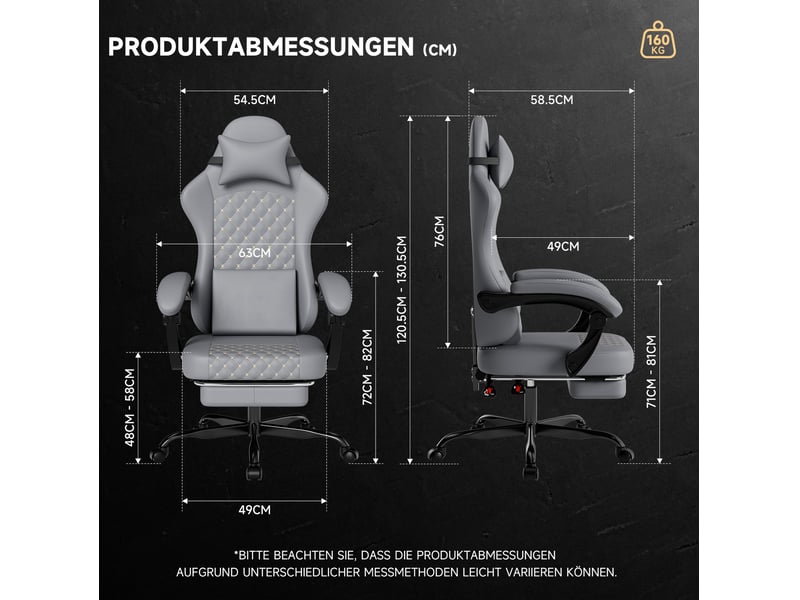  Chaise gaming en cuir pvc gris, massage avec support pied, ergonomique et ajustable jusqu'à 150 kg  - Conforama E