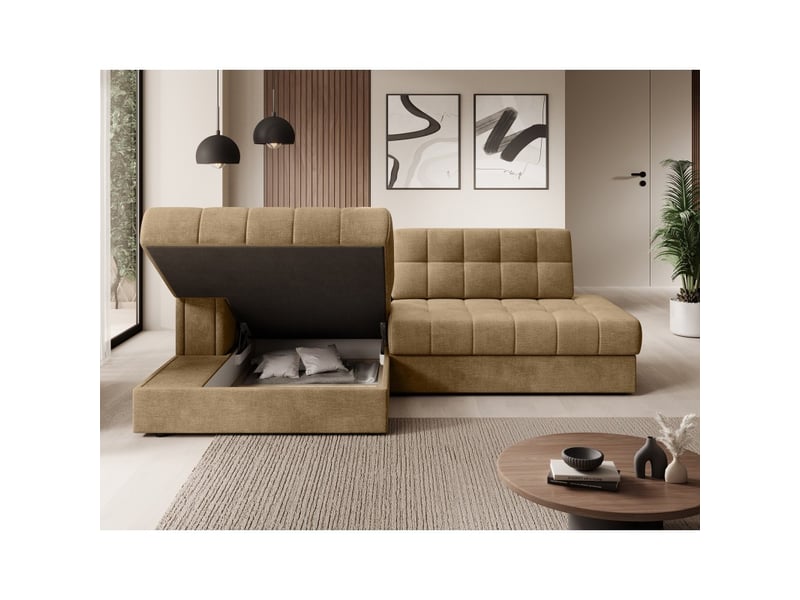 Canapé d'angle convertible cubito beige 240 cm avec coffre de rangement et couchage  - Conforama D
