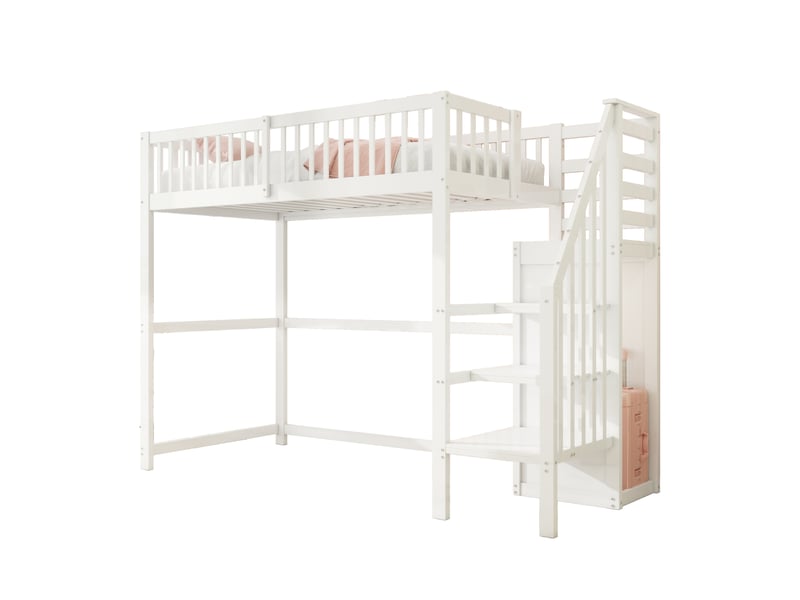 Lit mezzanine enfant 1 place 90x200 cm avec escalier de rangement, armoire intégrée, garde-corps, espace libre sous lit, pin massif et mdf blanc - Conforama A