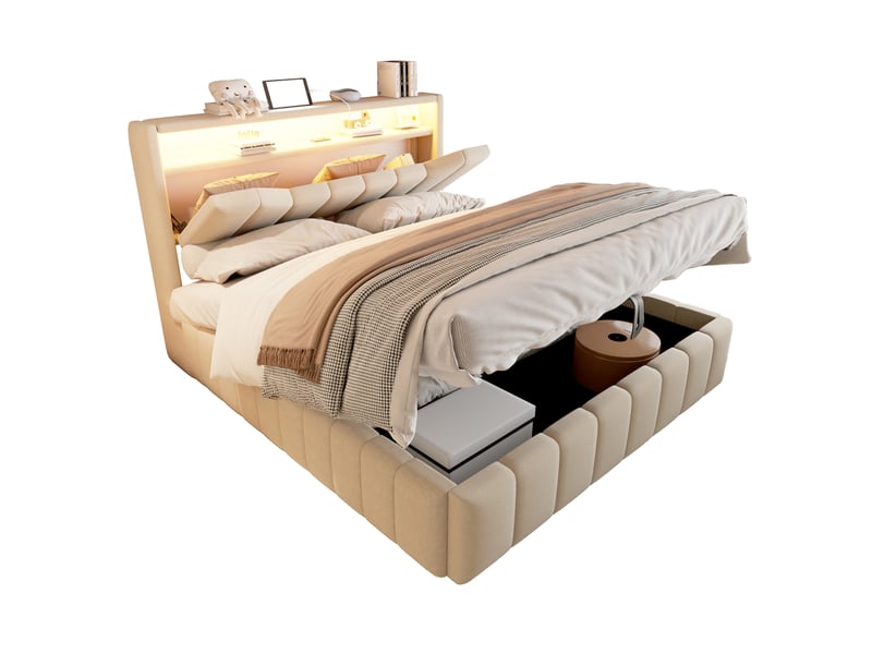 Lit coffre 140 × 200 cm en tissu effet lin beige, led, usb et usb-c IKSETERA TRADING LTD - Conforama A