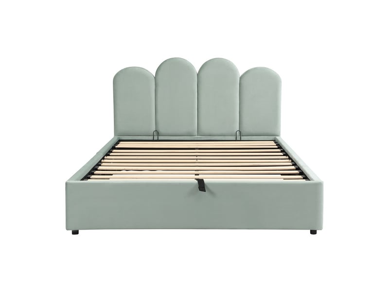 Lit rembourré 140 x 200cm, avec mécanisme hydraulique et coffre de rangement, tête de lit arrondie en velours, vert clair - Conforama A