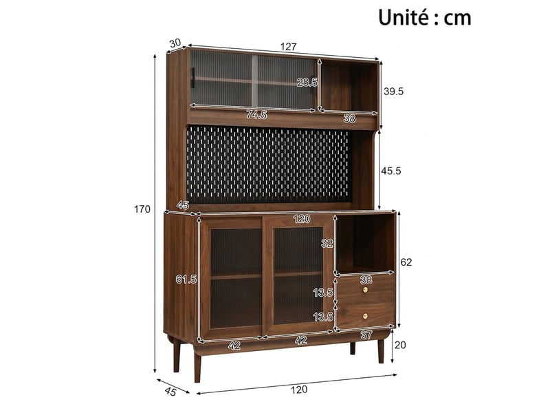 Buffet de cuisine en noyer avec panneau perforé, 4 portes coulissantes en verre strié, 170 cm - Conforama E