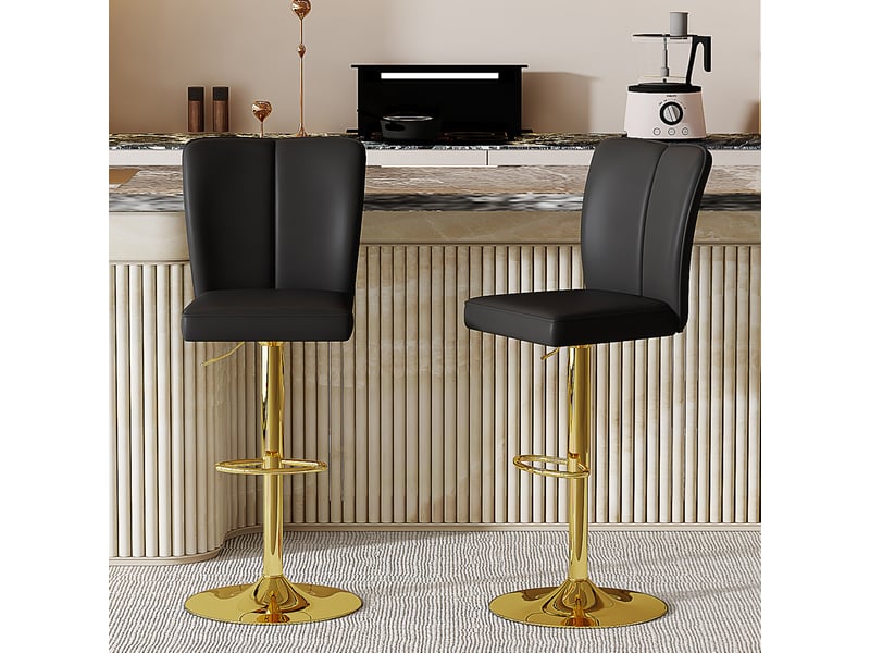  Tabourets de bar 95,5-117,5 cm lot de 2, réglables, pivotants 360°, métal et pu, pour salon, cuisine, bar, noir et or  - Conforama B