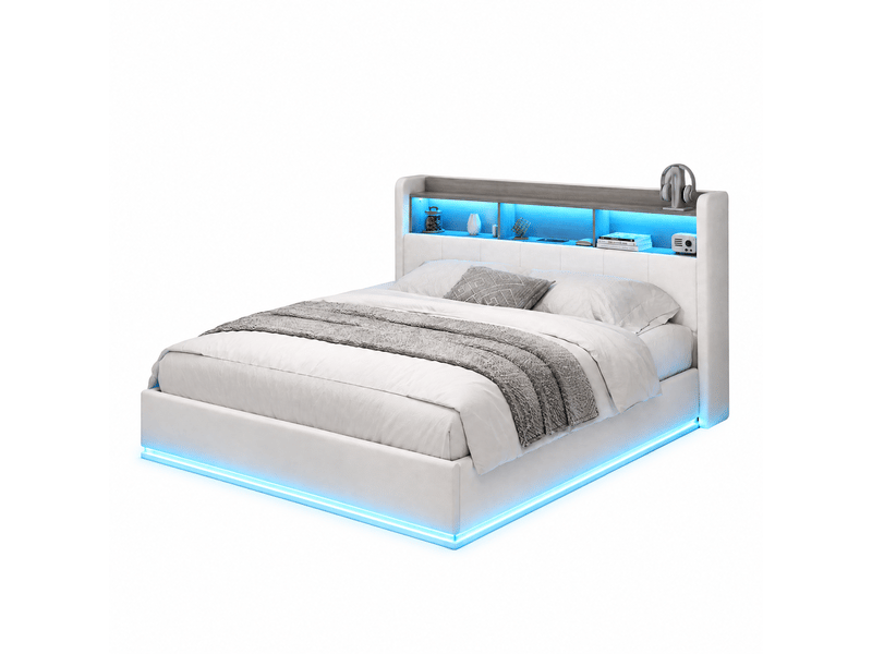  Lit hydraulique 140x200 avec éclairage led, lit coffre avec rangement et tête de lit capitonnée cadre de lit double avec led et chargeur usb lit 2 places avec lattes beige velours, sans matelas  - Conforama A