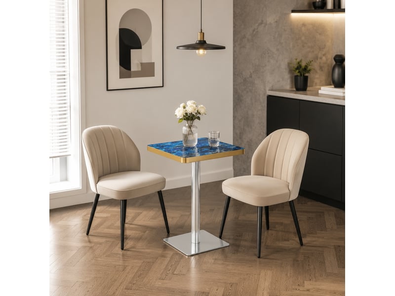  Table de salle à manger carrée pour 2 à 4 personnes, piètement métal, effet marbre bleu et bord doré, 60 × 60 × 74 cm  - Conforama D