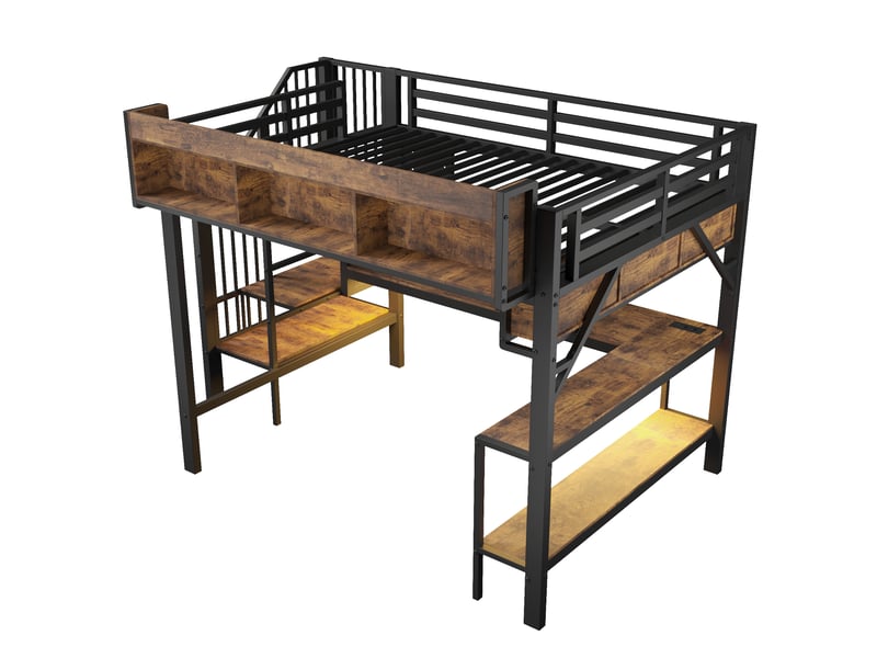  Lit mezzanine 140 × 200 cm led usb-c noir et brun avec bureau et rangements IKSETERA TRADING LTD - Conforama W
