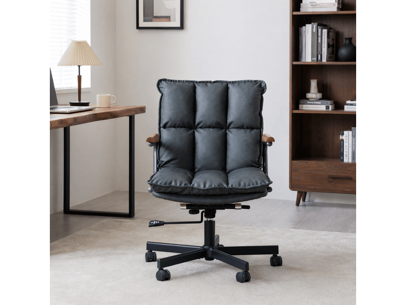 Chaise de bureau ergonomique à roulettes, réglable et pivotante à 360 degrés, accoudoirs en bois, en similicuir noir - Conforama D