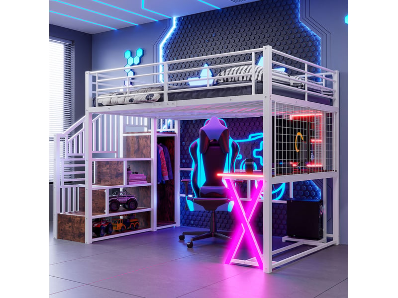  Lit mezzanine 140 x 200 cm avec bureau, armoire, échelle et éclairage led blanc  - Conforama B