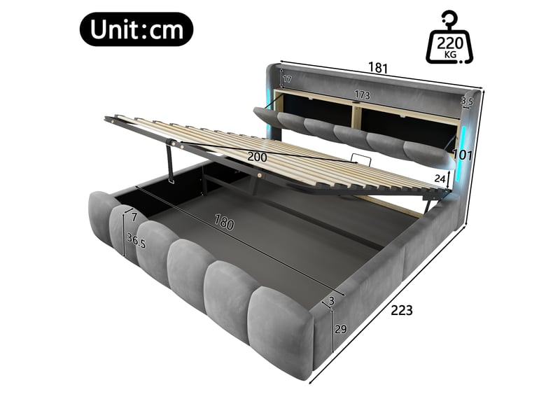 Lit capitonné, 180 x 200 cm, éclairage led, tête de lit avec compartiment de rangement, sans matelas, sommier coffre hydraulique, ports usb et type-c, velours - Conforama C