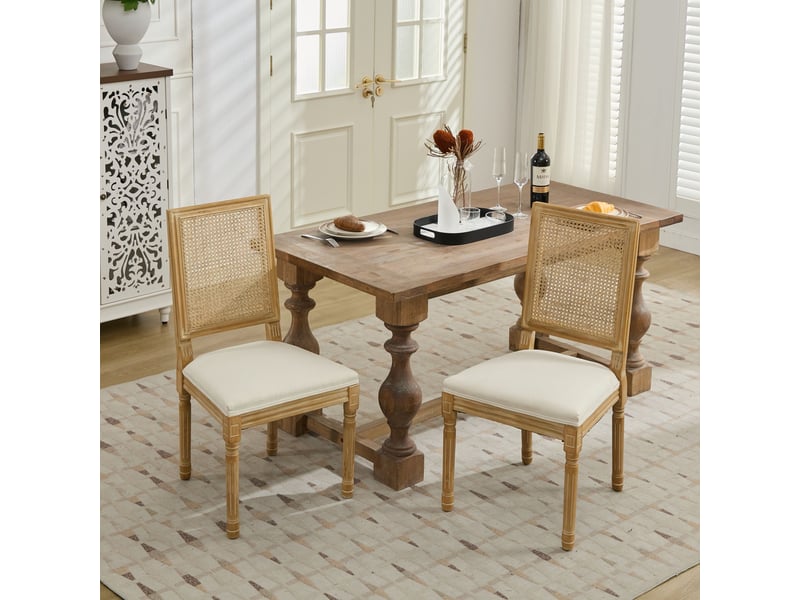 Lot de 2 chaises de salle à manger style ferme française, dossier carré en rotin tressé, assise en lin à ressorts, bois massif patiné  - Conforama C