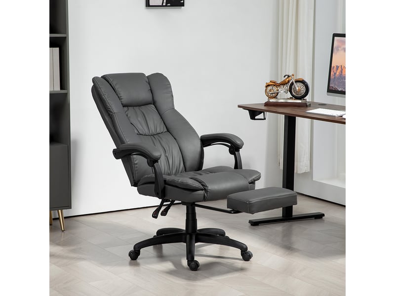  Fauteuil pivotant réglable avec repose-pieds, appui-tête et fonction massage, revêtement en similicuir, 68,5 x 68,5 x 113-121 cm, gris foncé  - Conforama D