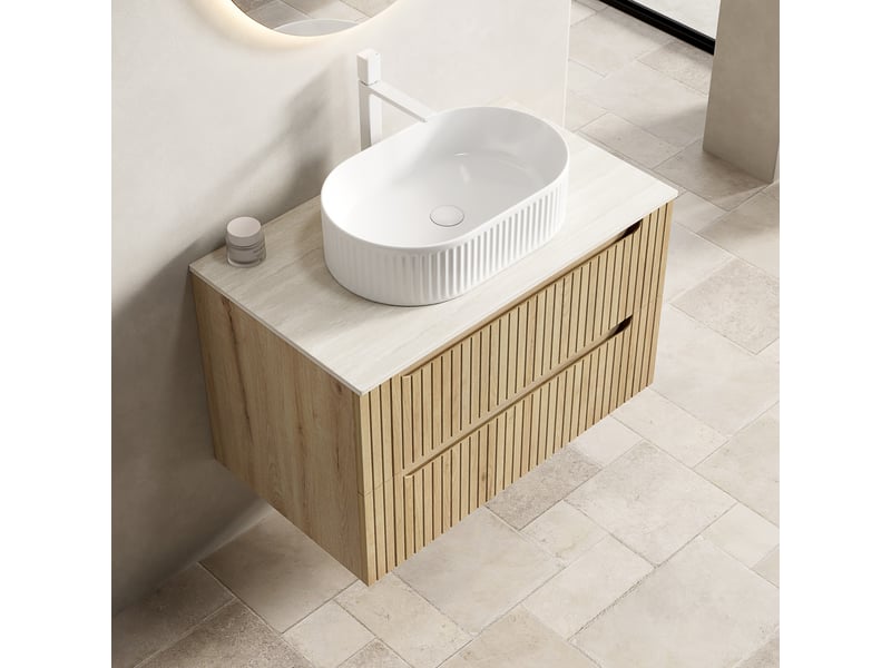 Meuble sous vasque suspendu avec 2 tiroirs à fermeture amortie et vasque ovale en céramique pour salle de bain  - Conforama B