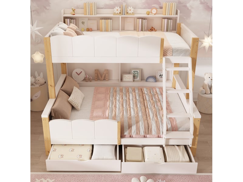  Lit superposé 90 × 200 cm et 140 × 200 cm 3 places, 2 tiroirs, étagères, sans matelas, blanc et chêne  - Conforama C