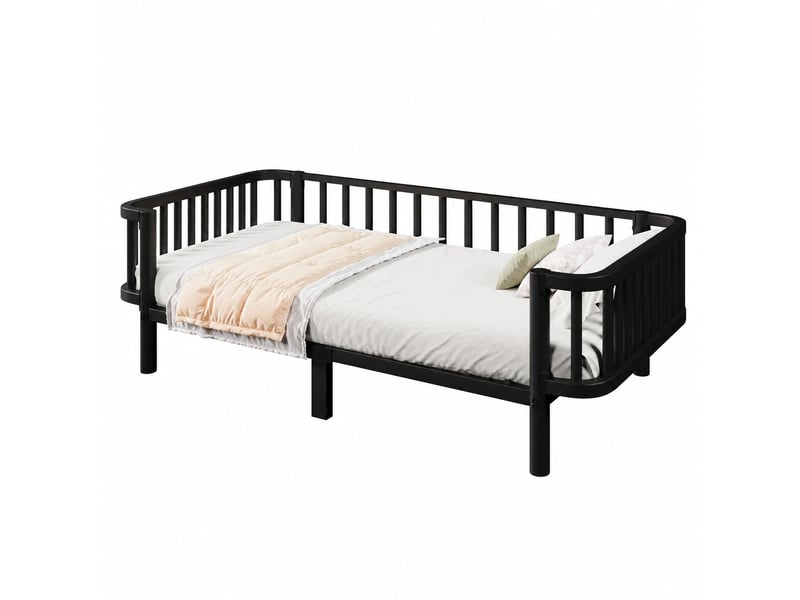 Lit banquette, lit simple en métal avec sommier à lattes en acier, couchage 90 x 200 cm, noir - Conforama A