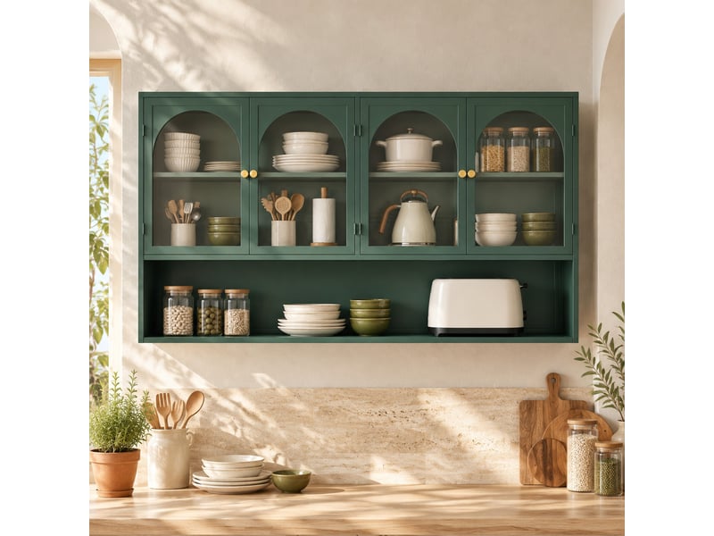 Armoire murale à 4 portes en verre et métal avec étagères pour cuisine et salon, vert foncé, 120×23×70 cm  - Conforama B