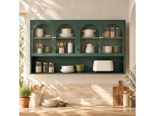 Armoire murale à 4 portes en verre et métal avec étagères pour cuisine et salon, vert foncé, 120×23×70 cm