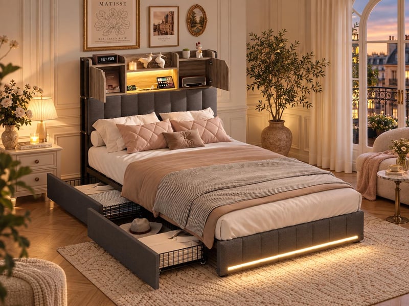  Lit coffre 90 x 200 cm - gris - led, tiroirs et tête de lit avec rangements  - Conforama B
