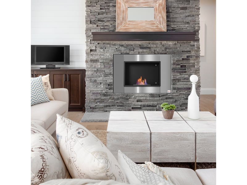  Cheminée bioéthanol murale encastrable brûleur 0,9 l, environ 3 h de durée de combustion 80l x 14l x 54h cm couverture 25-30 m² acier inox  - Conforama B