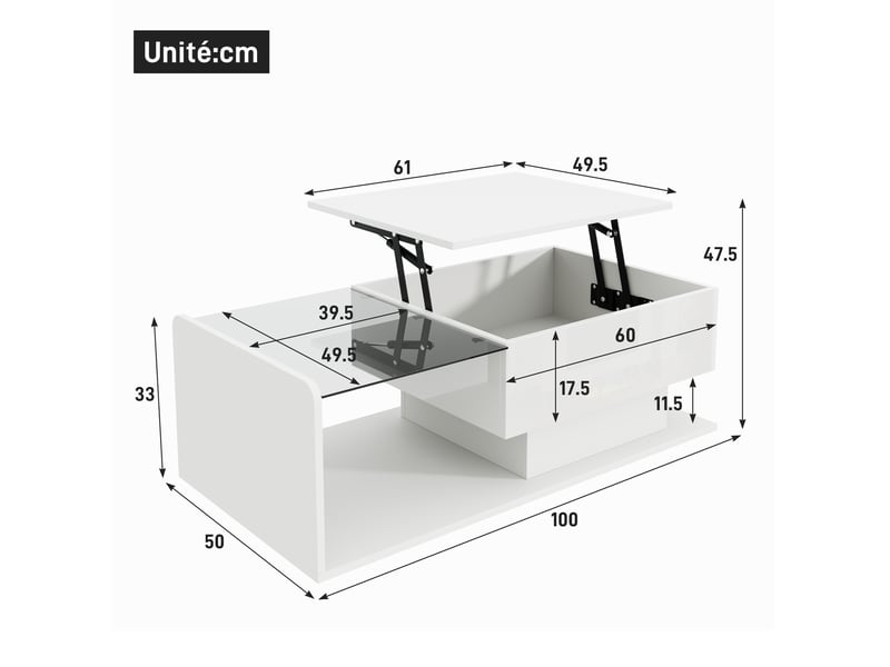  Table basse relevable avec rangement ouvert et caché et led, plateau en verre trempé, blanc, 100×50×3345 cm - uvrion  - Conforama E