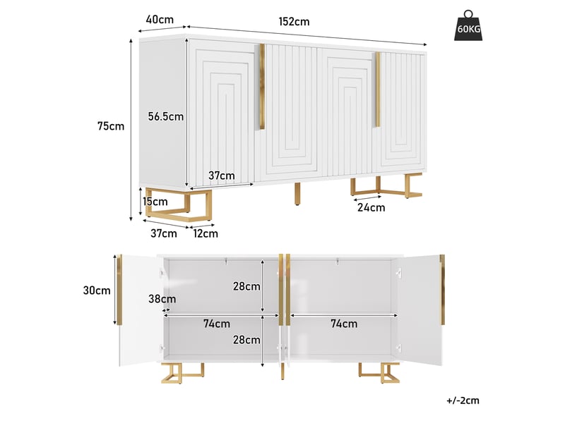  Buffet 2 portes et 4 compartiments de rangement pour salle à manger en mdf 152×40×75 cm blanc  - Conforama E