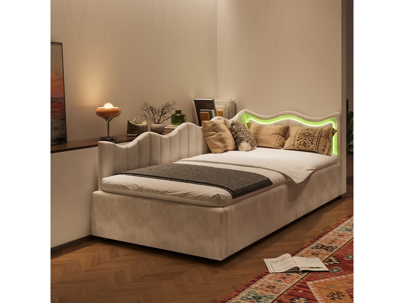  Lit enfant 90x200, tête de lit ondulée, mécanisme hydraulique, bande lumineuse led, velours beige, facile à monter  - Conforama B