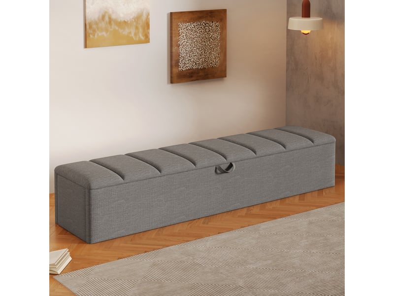  Banc coffre rembourré, 163 × 32 × 36 cm, gris, velours, rangement intégré, assise relevable, mobile, barrière ouvrante  - Conforama B