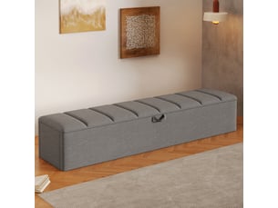 Banc coffre rembourré, 163 × 32 × 36 cm, gris, velours, rangement intégré, assise relevable, mobile, barrière ouvrante
